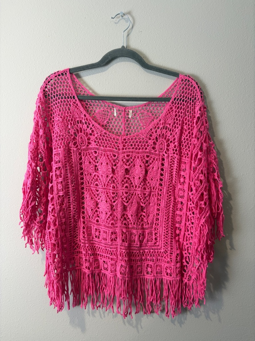Adora Hot Pink Crochet Fringe Short Sleeve Top OS